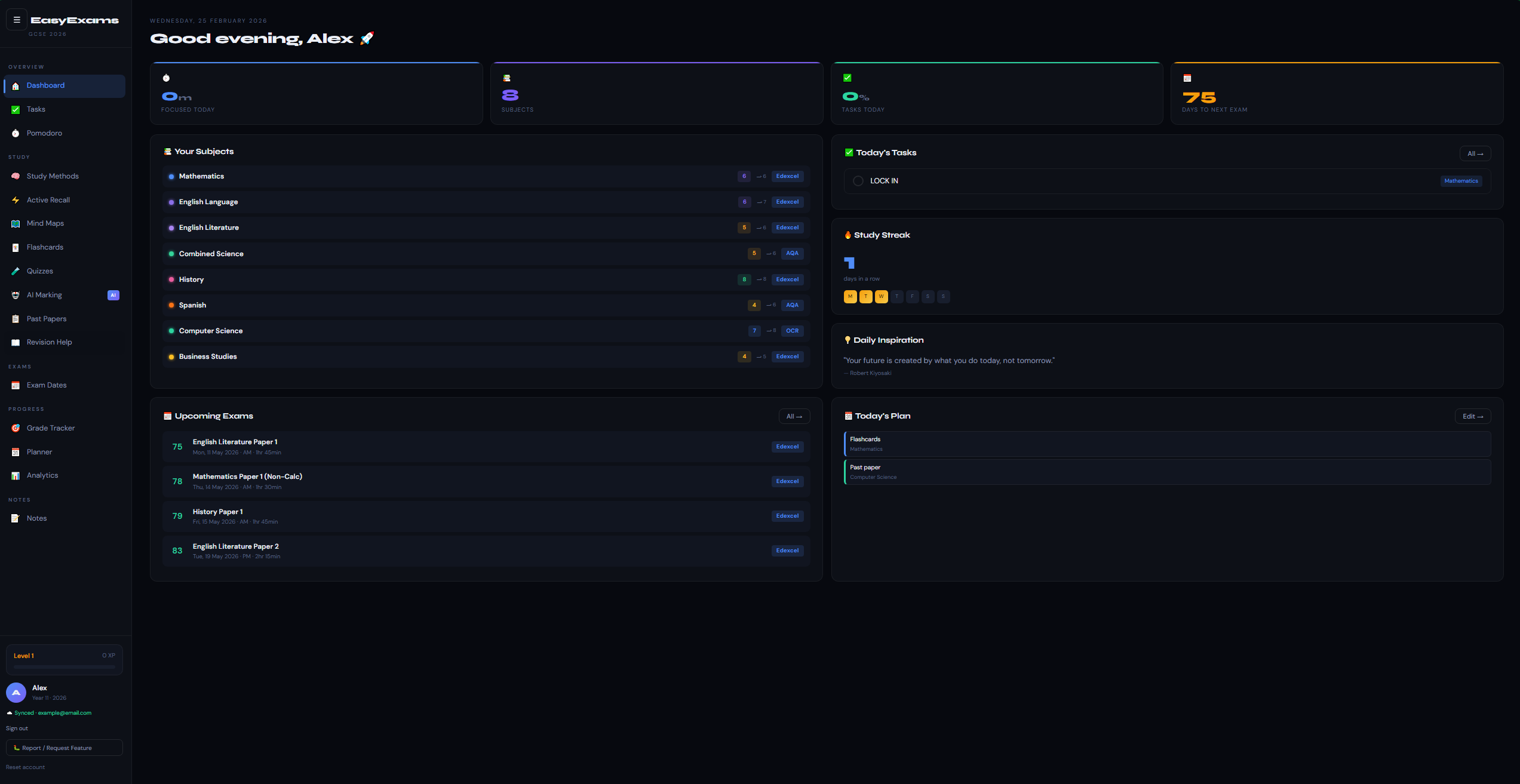 EasyExams dashboard — real screenshot
